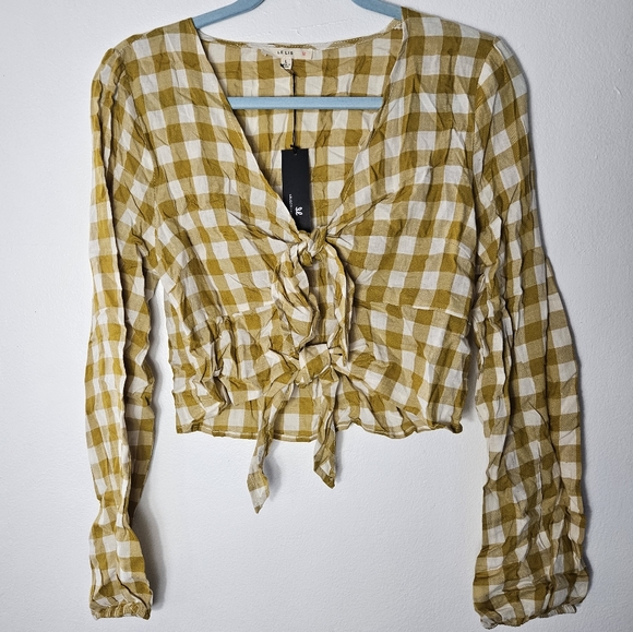 Front Tie Cropped Plaid Long Sleeve Blouse‎ Size Large NWT - Picture 1 of 7